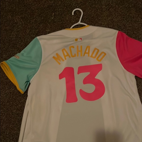 White and Pink Baseball Jersey with Teal SAN DIEGO Text and Number 13 - Picture 2 of 2